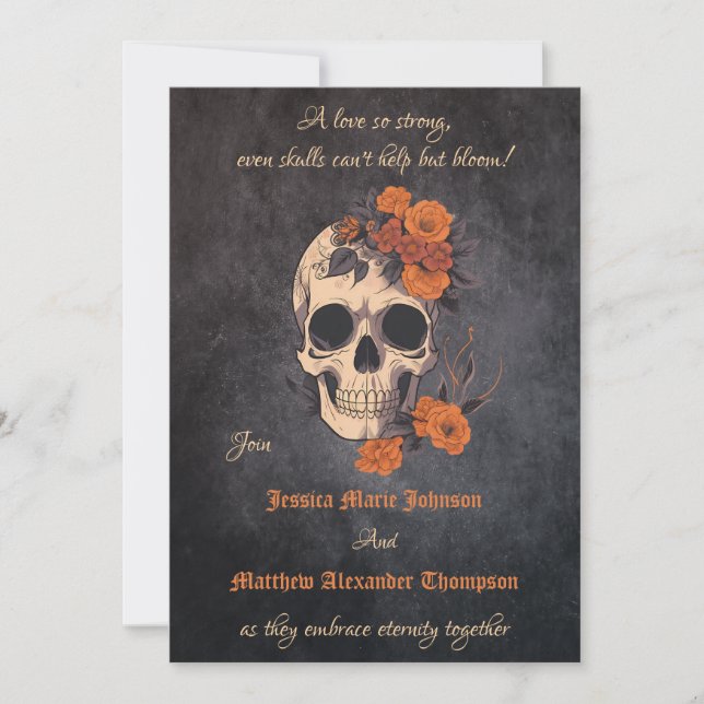 Enchanting Orange flowers on Cream Skull Wedding Invitation (Front)