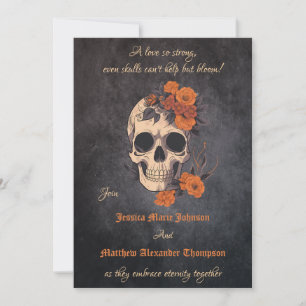 Enchanting Orange flowers on Cream Skull Wedding Invitation