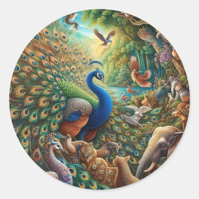  🦚✨ Enchanting Peacock Concert in the Jungle 🎨🌿 Classic Round Sticker (Front)