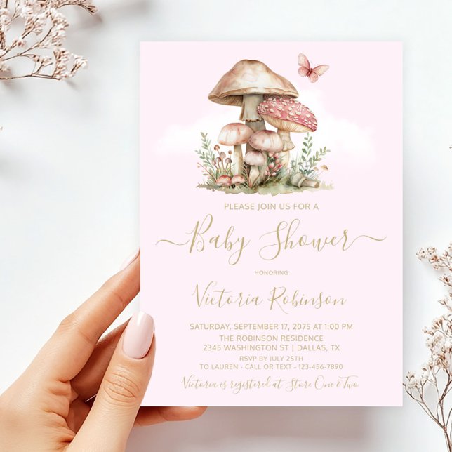 Enchanting Pink Forest Mushroom Baby Shower  Invitation (Girl mushroom and butterfly baby shower invitation. Simply add your event details.)