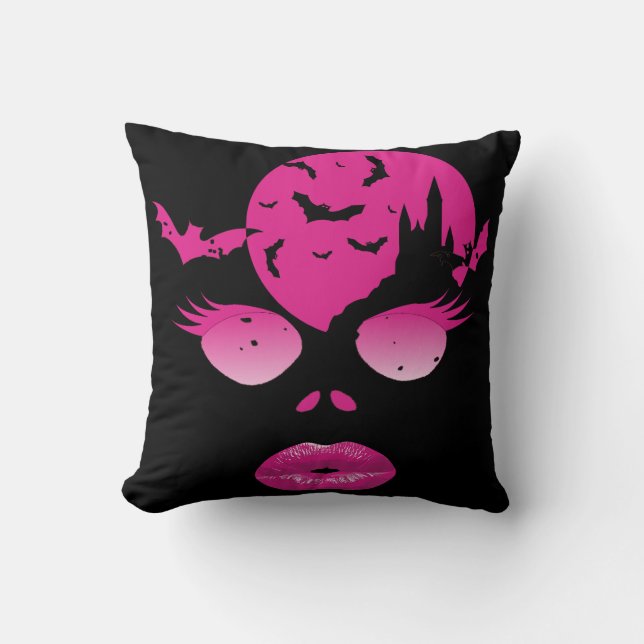 Enchanting Pink Halloween: Moonlit Mystery & Bats Cushion (Front)