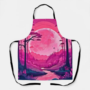 Enchanting Pink Moon: Cartoon Art Apron