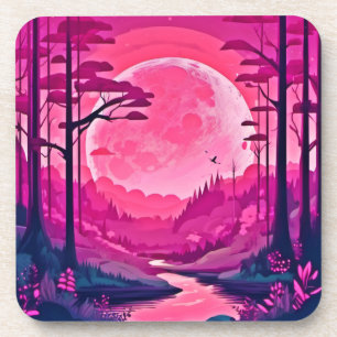 Enchanting Pink Moon: Cartoon Art Coaster