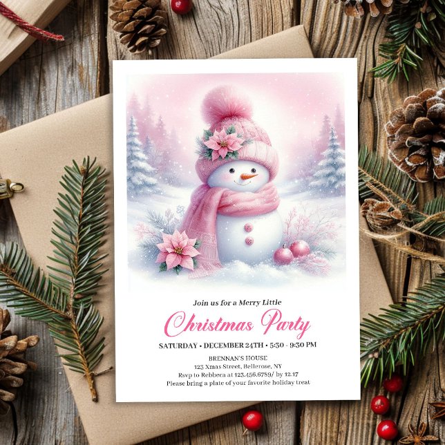 Enchanting Pink Snowman Kids Christmas Invitation (Enchanting Pink Snowman Kids Christmas Invite Digital File)