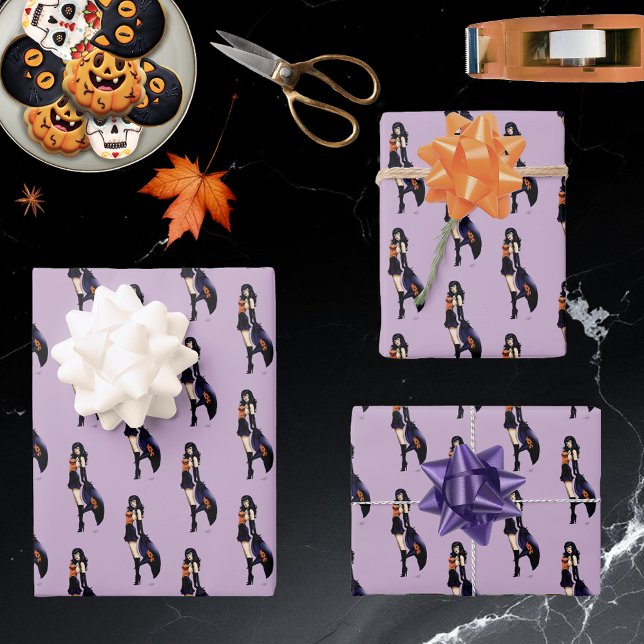 Enchanting Purple Retro Fantasy Witch Wrapping Paper Sheet (Creator Uploaded)