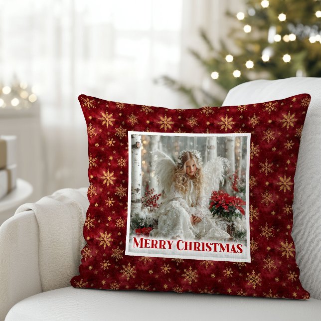Enchanting Red and Gold Victorian Angel Christmas  Cushion (Enchanting Red and Gold Victorian Angel Christmas Pillow)