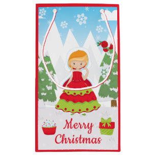 Enchanting Red Head Christmas Girl Winter Scene Small Gift Bag