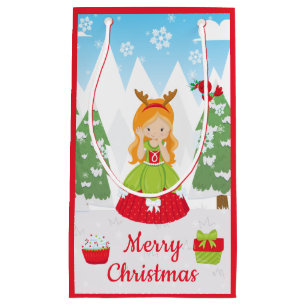 Enchanting Red Head Christmas Girl Winter Scene Small Gift Bag