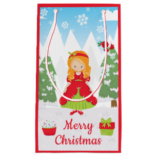 Enchanting Red Head Christmas Girl Winter Scene Small Gift Bag
