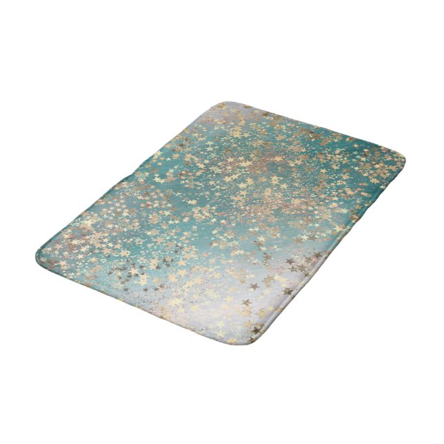 Enchanting Shimmery Gold Stars on Teal Glittery  Bath Mat (Angled)