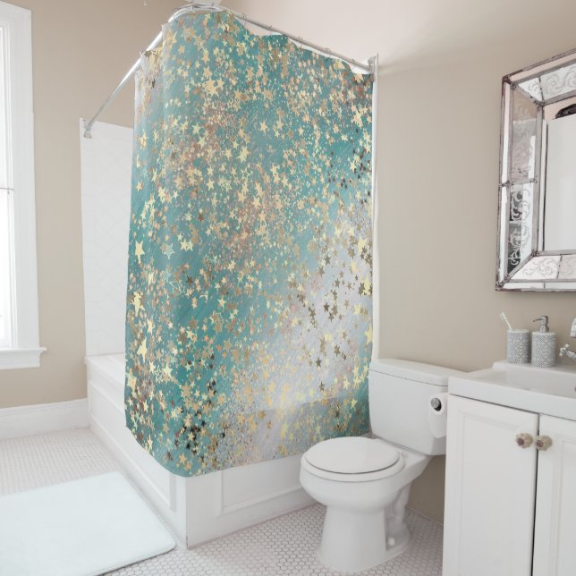 Enchanting Shimmery Gold Stars on Teal Glittery Shower Curtain (In Situ)