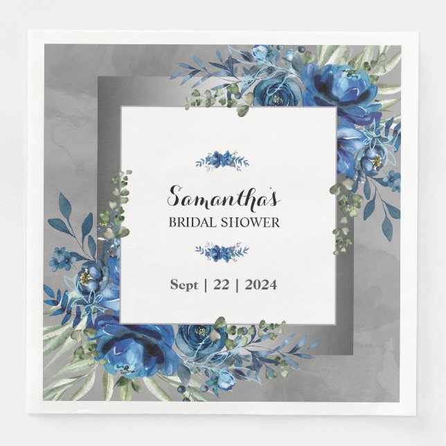 Enchanting Silver & Blue Floral Bridal Shower Napkin (Front)