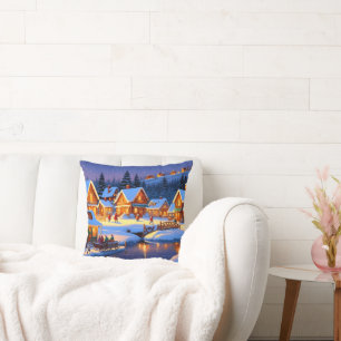 Enchanting Snow-Covered Village Winter Wonderland Cushion