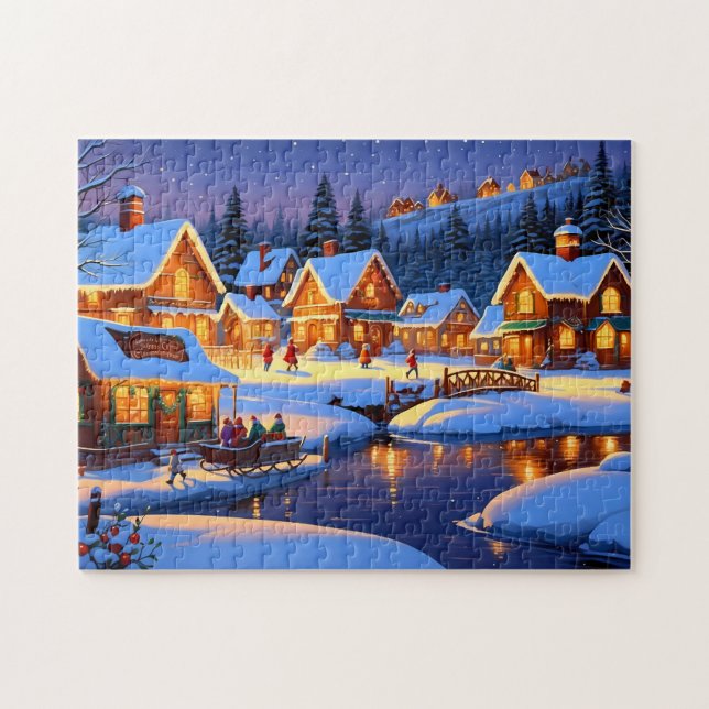 Enchanting Snow-Covered Village Winter Wonderland Jigsaw Puzzle (Horizontal)