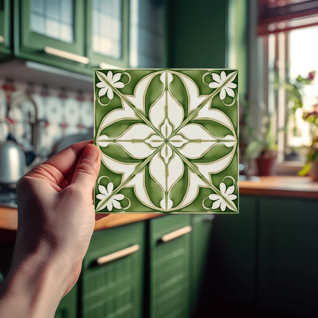 Enchanting Symmetrical Olive Green Peridot Floral Ceramic Tile (Creator Uploaded)
