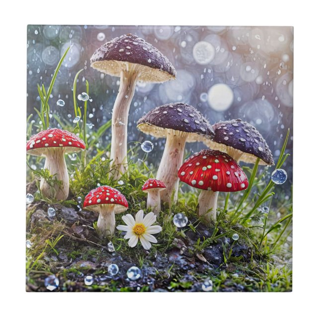 Enchanting Toadstools Rain Fantasy Fun Forest Ceramic Tile (Front)
