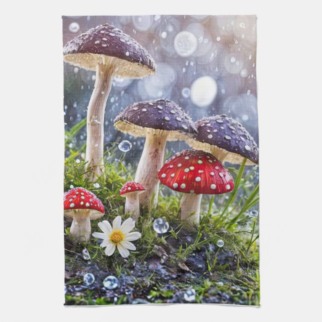 Enchanting Toadstools Rain Fantasy Mystical Tea Towel (Vertical)