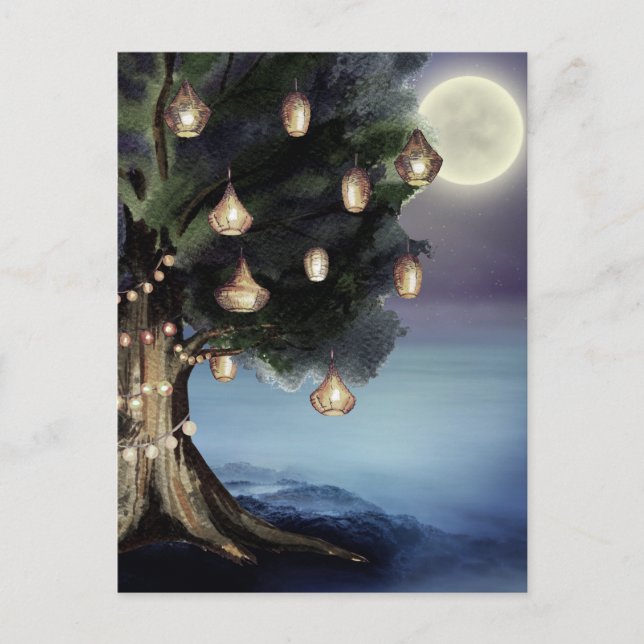 Enchanting Tree with Lights and Full Moon Beach Postcard (Front)