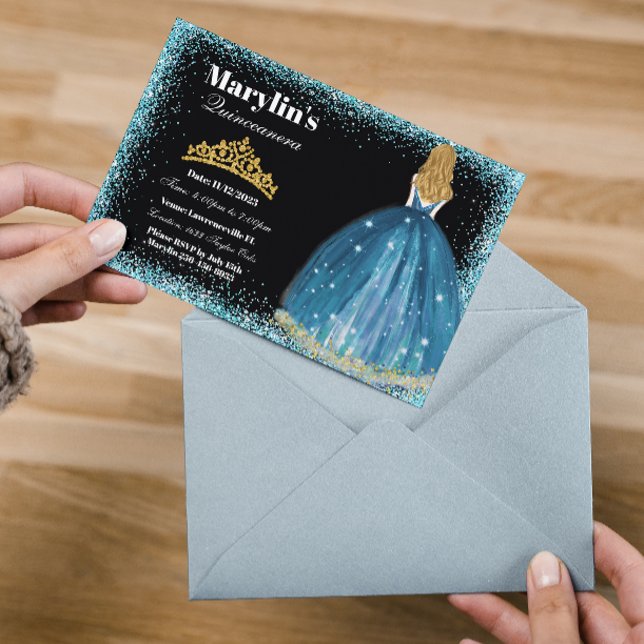 Enchanting Turquoise Glitter Princess Quinceañera  Invitation (Creator Uploaded)