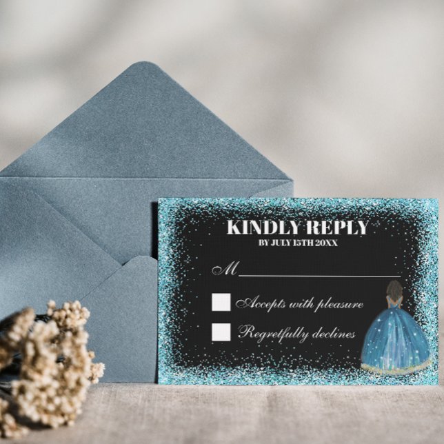 Enchanting Turquoise Glitter Princess Quinceañera RSVP Card (Creator Uploaded)
