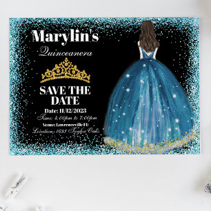 Enchanting Turquoise Glitter Princess Quinceañera Save The Date
