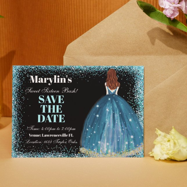 Enchanting Turquoise Glitter Princess Sweet 16 Save The Date (Creator Uploaded)