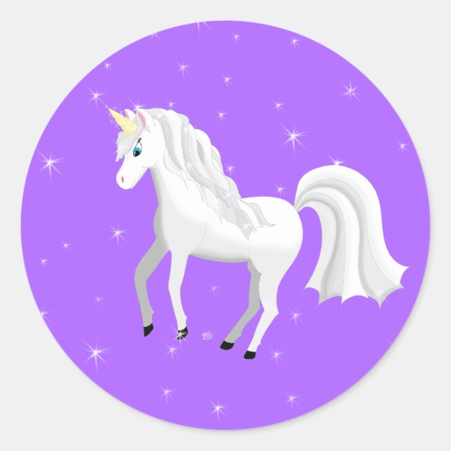Enchanting Unicorn on Purple Background and Stars Classic Round Sticker (Front)