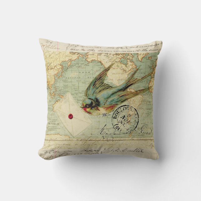Enchanting vintage bird with letter shabby  cushion (Front)