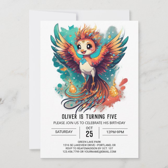 Enchanting Watercolor Phoenix Tale Birthday Invitation (Front)