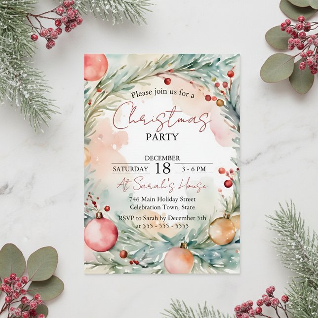 Enchanting Watercolor Wreath Christmas Party Invitation (Creator Uploaded)