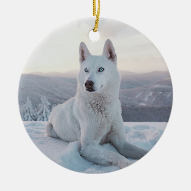 Enchanting White Husky Dog in the snow Ceramic Ornament (Front)