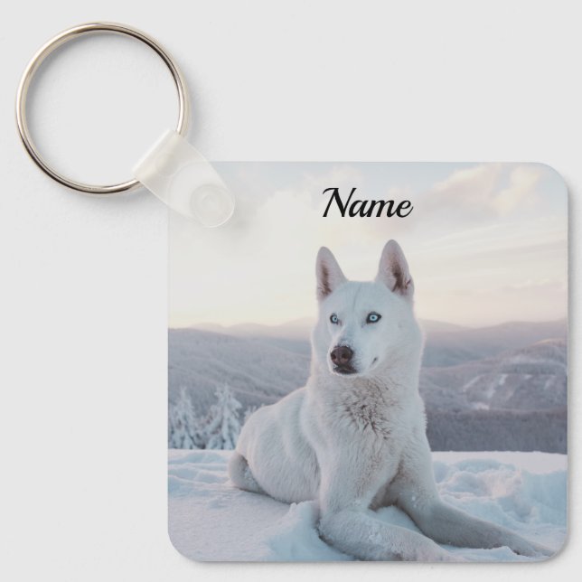 Enchanting White Husky Dog in the snow Key Ring (Front)