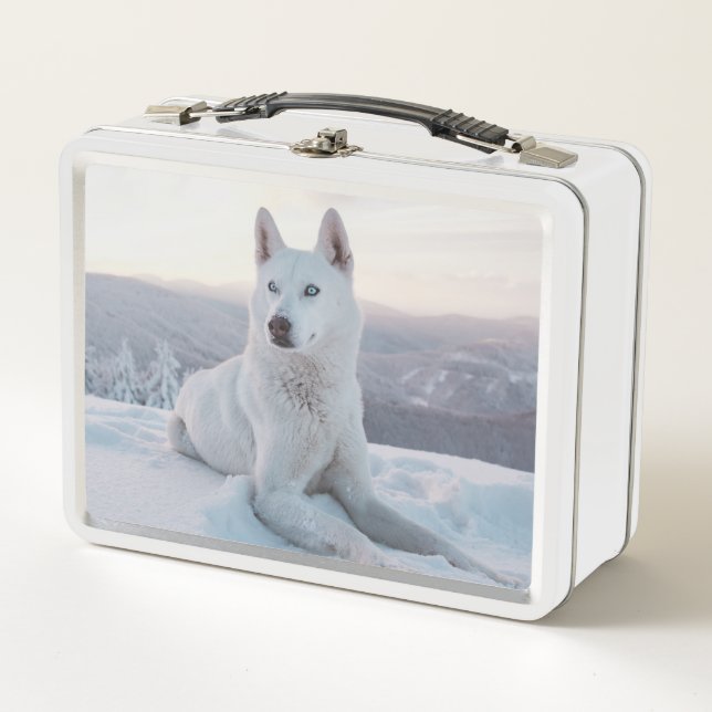 Enchanting White Husky Dog in the snow Metal Lunch Box (Front)