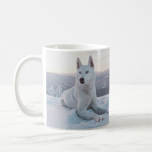 Enchanting White Husky Dog in the snow Mirrored Coffee Mug (Left)