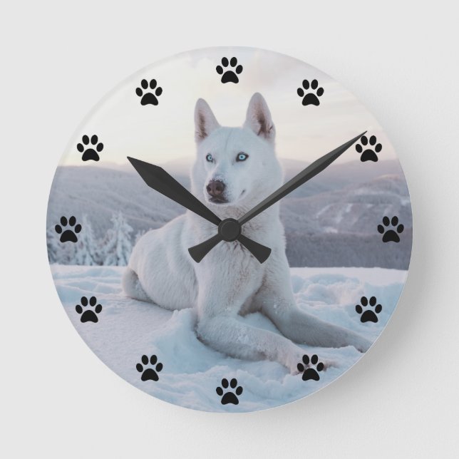 Enchanting White Husky Dog in the snow Pawprint Round Clock (Front)