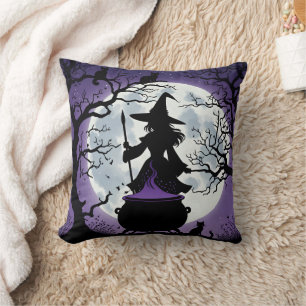 Enchanting witch brews potions under a full moon cushion