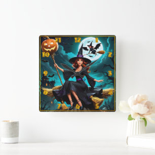 Enchanting witch celebrates Halloween night Square Wall Clock