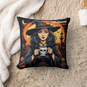 Enchanting witch holds skull mug at Halloween dusk Cushion