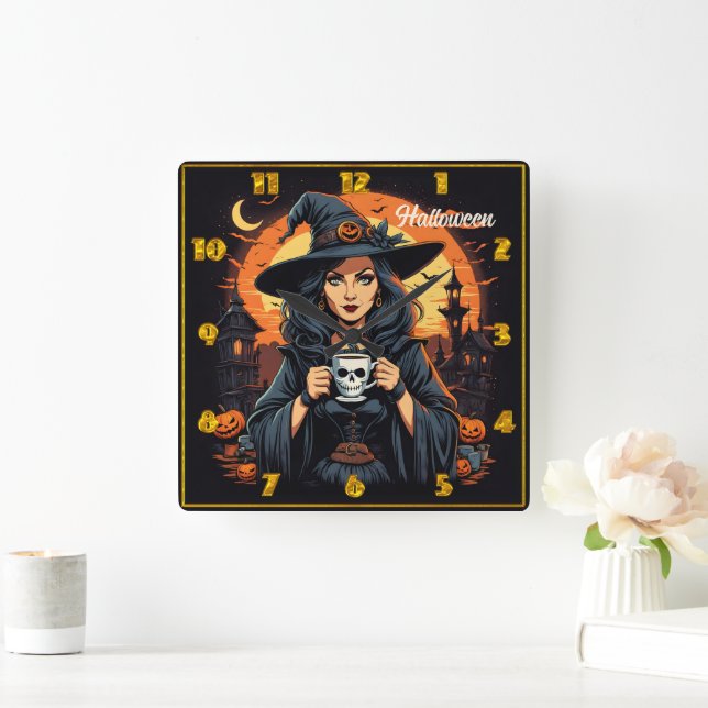 Enchanting witch holds skull mug at Halloween dusk Square Wall Clock (Home)