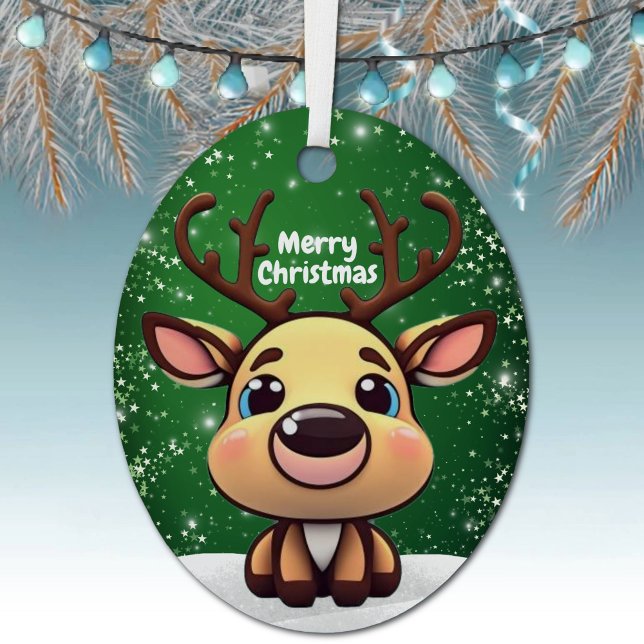 Enchanting Young Buck Starry Green Whimsical  🎄🦌 Metal Tree Decoration (Enchanting Young Buck Green Whimsical Winter Woodland Wildlife Animal Oval Metal Xmas Ornament 🦌🎄)