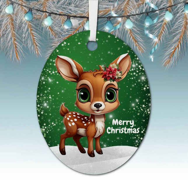 Enchanting Young Buck Starry Green Whimsical  🎄🦌 Metal Tree Decoration (Enchanting young buck starry green ornament, cute floral baby deer woodland wildlife gift tag 🦌🎄)