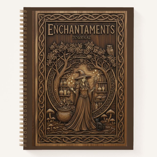 Enchantments : Witch and Cauldron Wood Carved Notebook (Front)