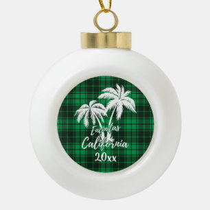 Encinitas California Beach Palm Tree Green Plaid Ceramic Ball Christmas Ornament