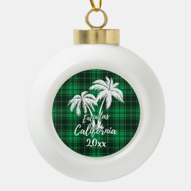 Encinitas California Beach Palm Tree Green Plaid Ceramic Ball Christmas Ornament (Front)