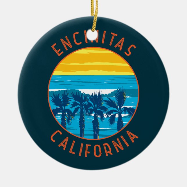 Encinitas California Retro Distressed Circle Ceramic Ornament (Front)
