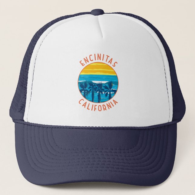 Encinitas California Retro Distressed Circle Trucker Hat (Front)