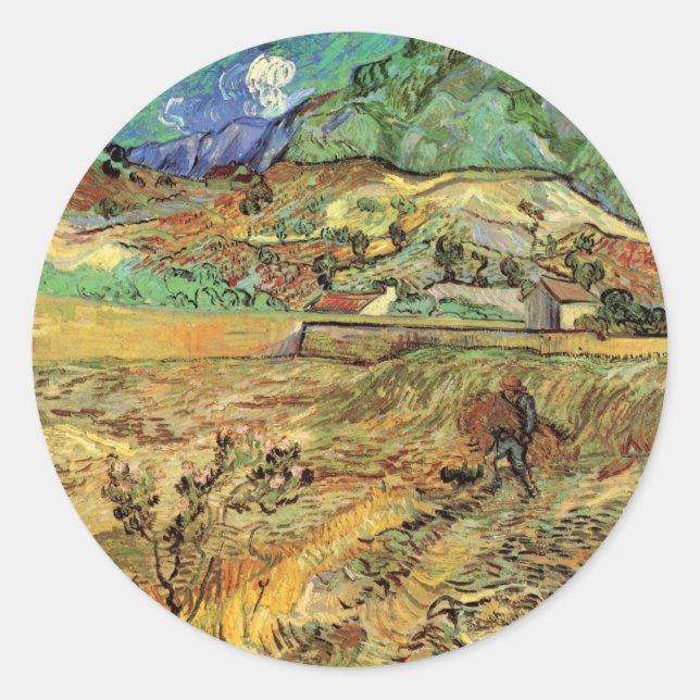 Enclosed Wheat Field w Peasant by Vincent van Gogh Classic Round Sticker (Front)