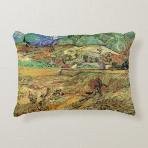 Enclosed Wheat Field w Peasant by Vincent van Gogh Decorative Cushion