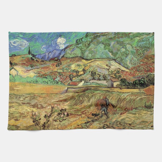 Enclosed Wheat Field w Peasant by Vincent van Gogh Tea Towel (Horizontal)