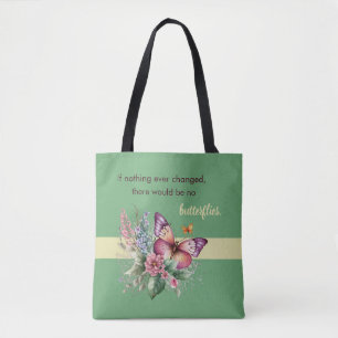 Encouragement Butterfly and Flowers on Green Tote Bag